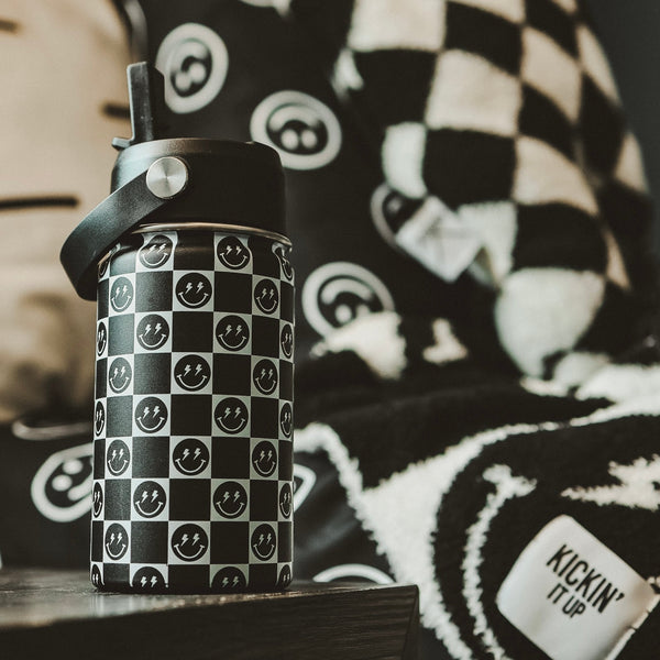 Black Smiley Face Checkered Water Bottle