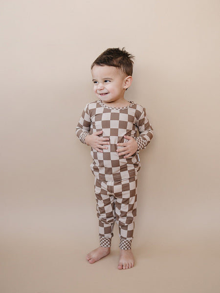 Ribbed Bamboo Two Piece Set | Latte Checkered