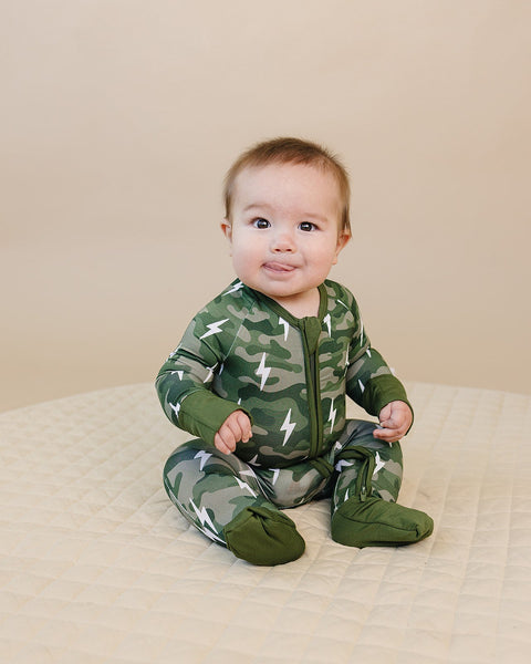 Bamboo Zip Romper | Green Camo Bolts