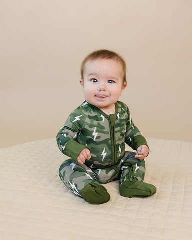Bamboo Zip Romper | Green Camo Bolts