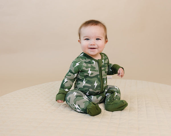 Bamboo Zip Romper | Green Camo Bolts