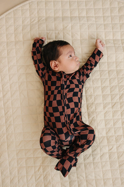 Bamboo Zip Romper | Chocolate Wavy Checkered