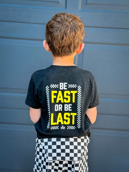 Black t-shirt with 'Be Fast or Be Last' text - Ledger Nash Co - back - Model 1