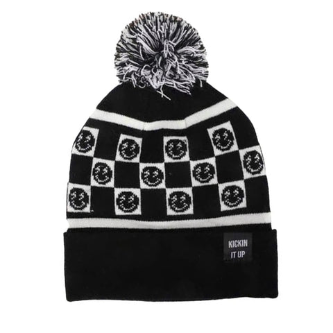 Black & White Checkered Beanie with Smiley Faces for Kids