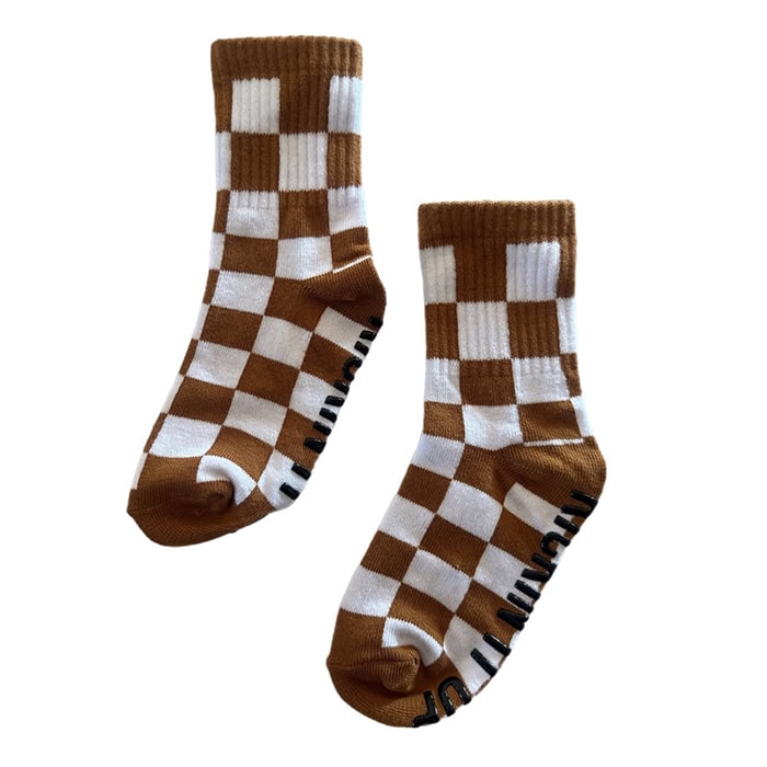 Camel brown & white checkered kids socks - Ledger Nash Co