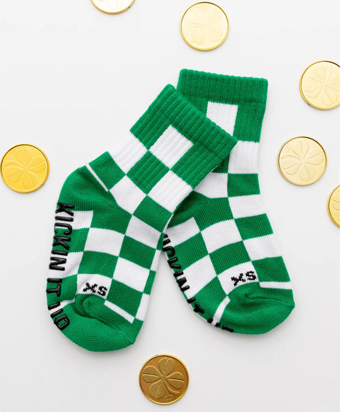 Green and White Checkered Kids Socks - Ledger Nash Co - Model 1