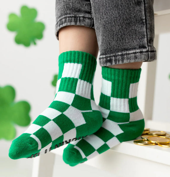 Green and White Checkered Kids Socks - Ledger Nash Co - Model 2