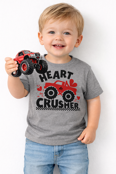 Heart Crusher Monster Truck Kids Valentines Day Tee - Ledger Nash Co - Model 1