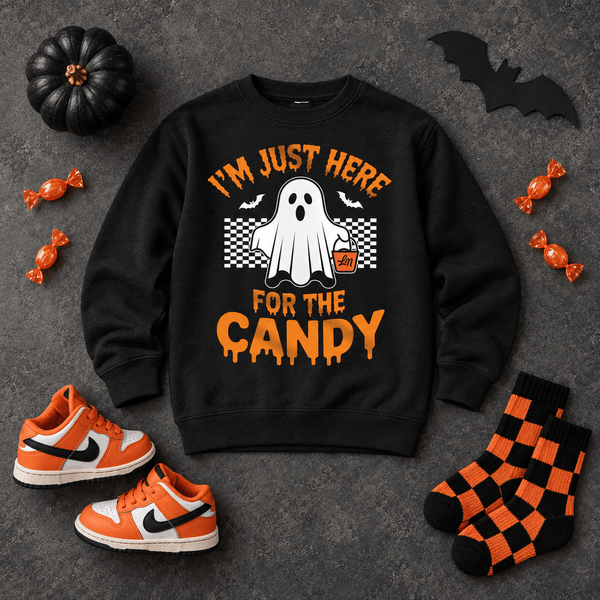 I'm just here for the candy kids halloween crewneck sweatshirt - flatlay - Ledger Nash Co