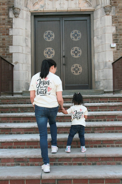 Jesus Has My Back Kids Tee - Back View - Model 1 - Ledger Nash Co