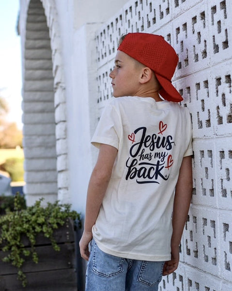 Jesus Has My Back Kids Tee - Back View - Model 3- Ledger Nash Co