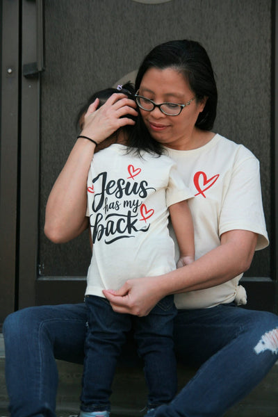 Jesus Has My Back Kids Tee - Back View - Model 2- Ledger Nash Co