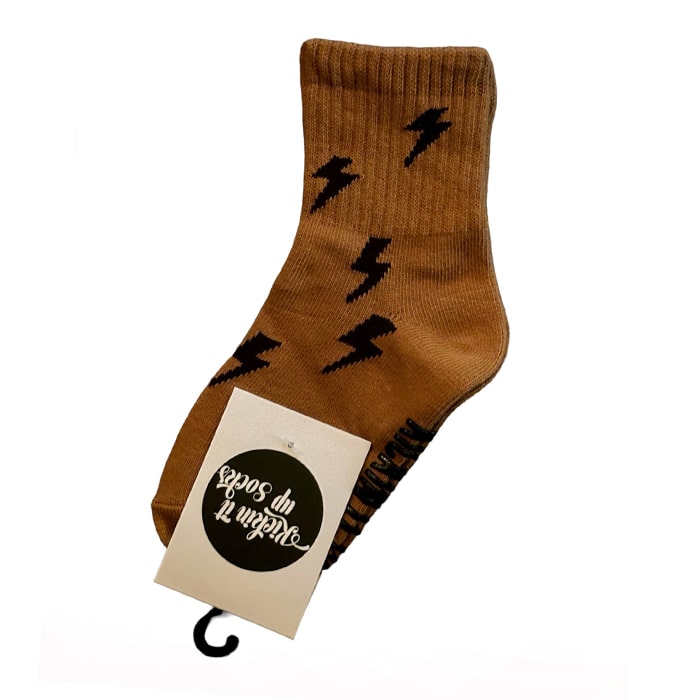Kids Socks - Brown with Black Lightning Bolts