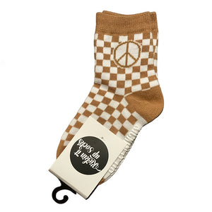 Kids Socks with Tan & white checkered peace signs