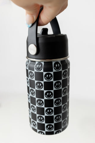 Black Checkered Smiley Face Water Bottle