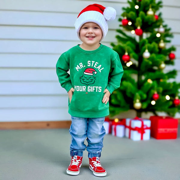Mr Steal Your Gifts Kids Crewneck Sweatshirt - Grinch Inspired - Ledger Nash Co - Model 1 