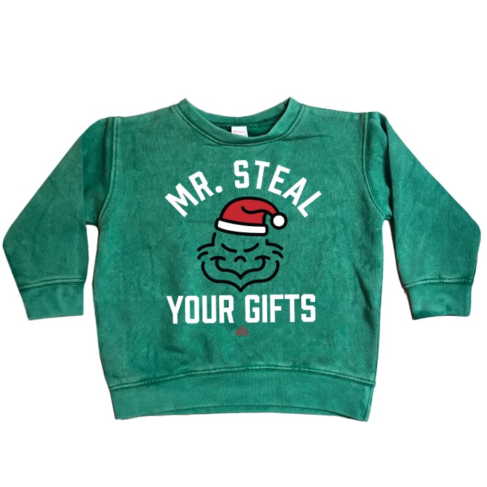 Mr Steal Your Gifts Kids Crewneck Sweatshirt - Grinch Inspired - Ledger Nash Co