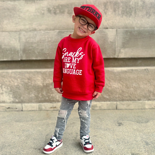 Snacks are my love language kids valentine's day crewneck sweatshirt - Ledger Nash Co - Model 2
