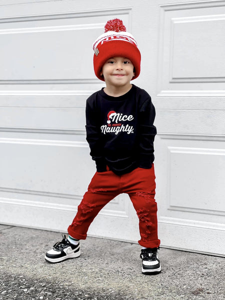 Nice 'til Proven Naughty Long Sleeve Kids Tee - Model 1