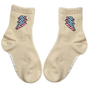 Kids Socks - Tan with american flag lightning bolts