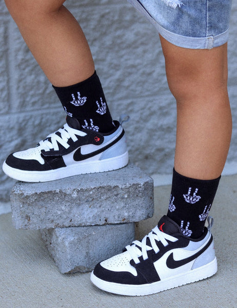 Skully - skeleton hand peace sign kids socks - Ledger Nash Co - Model 1