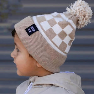 Tan & White Checkered Beanie for Kids - Ledger Nash Co