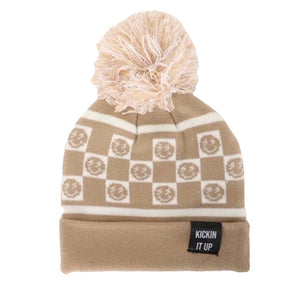 Tan & White Checkered Beanie with Smiley Faces for Kids 