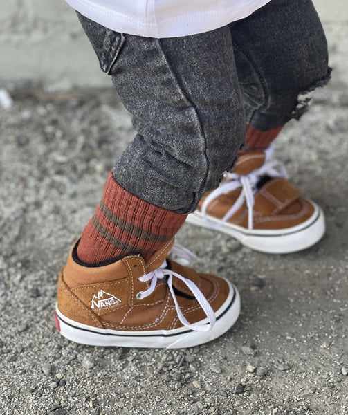 Kids Burnt Red Socks with Brown Stripes - Model 1 - Ledger Nash Co