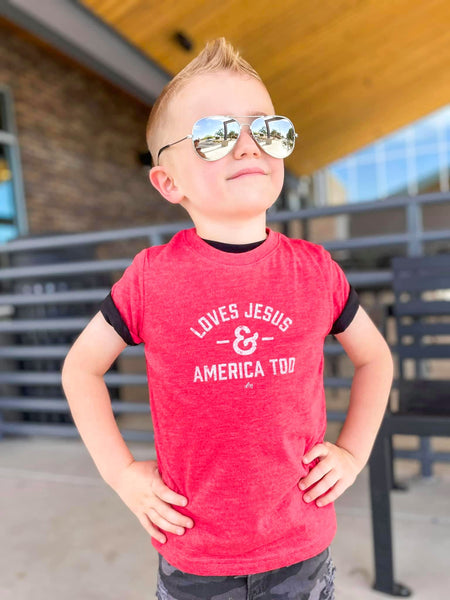 Loves Jesus & America Too Kids Tee - Model 3 - Ledger Nash Co